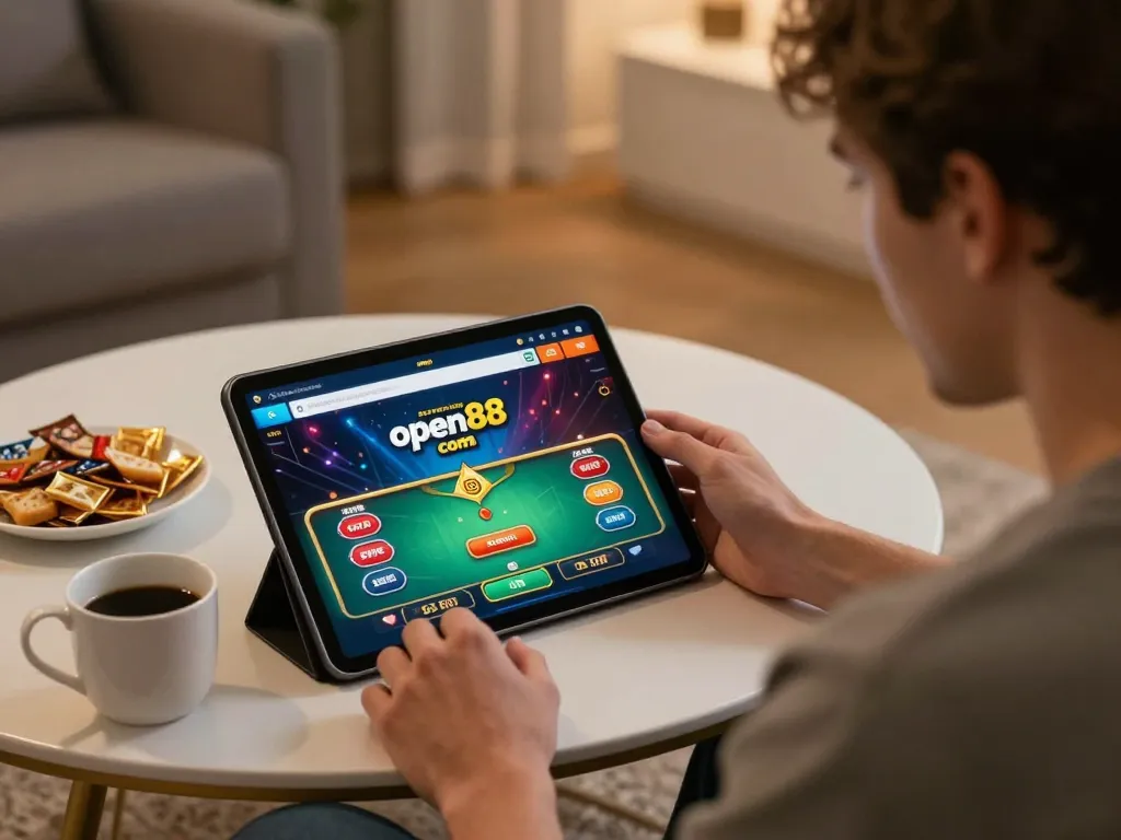 Player engaging with open88 com on a tablet, enjoying lively online casino gaming experience.