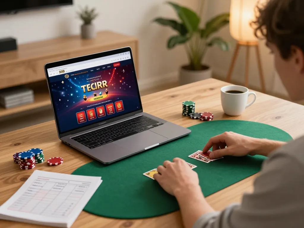 Playing poker on SC88's online platform with engaging laptop interface and cozy decor