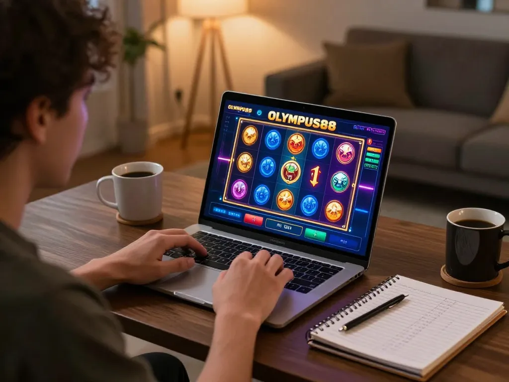 Players enjoying OLYMPUS88 online slots in a cozy home gaming setup