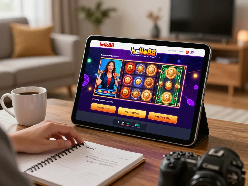Engaging in casino gaming on hello88 with a tablet showcasing vibrant slot options