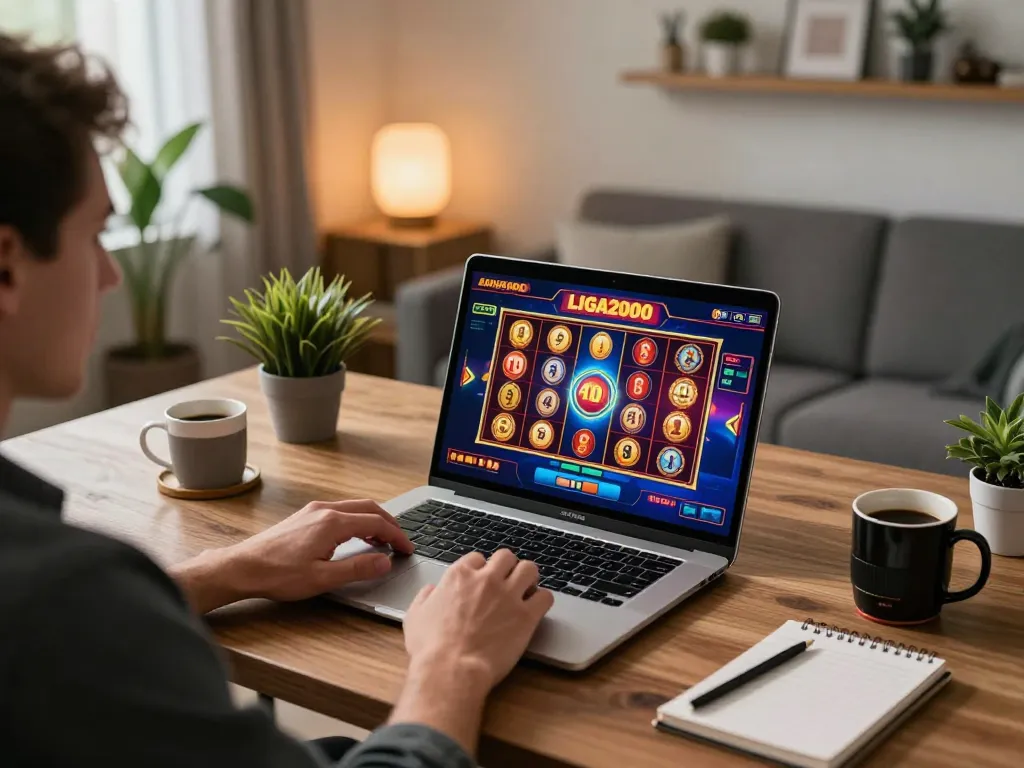 LIGA2000 player celebrating a jackpot win on an online slot game in a modern home office.