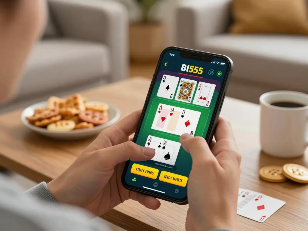 Engaging online blackjack session on Bl555 mobile app, cozy home ambiance, showcasing strategic gameplay.