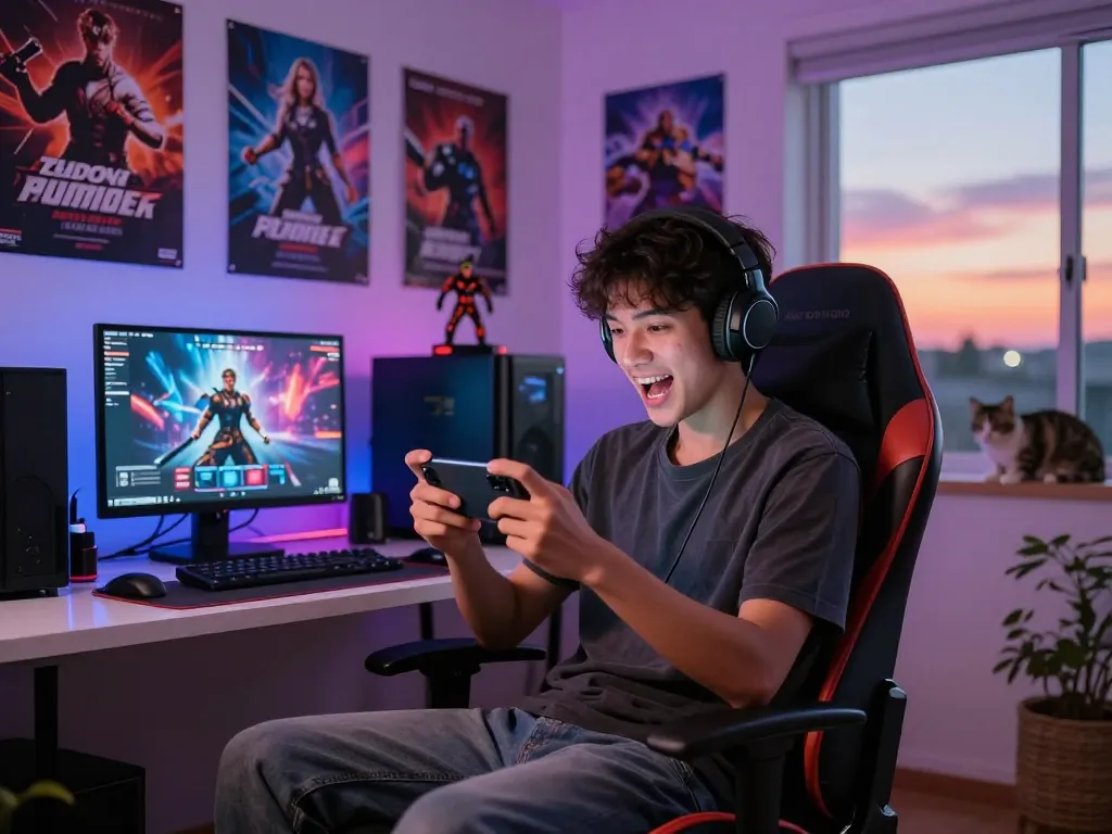 Person enjoying mobile porn games on smartphone in cozy gaming setup.