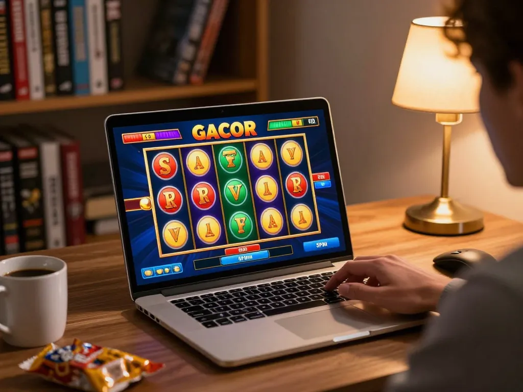 Player engaging in a slot gacor game on a laptop at home, showcasing exciting online gambling experience.