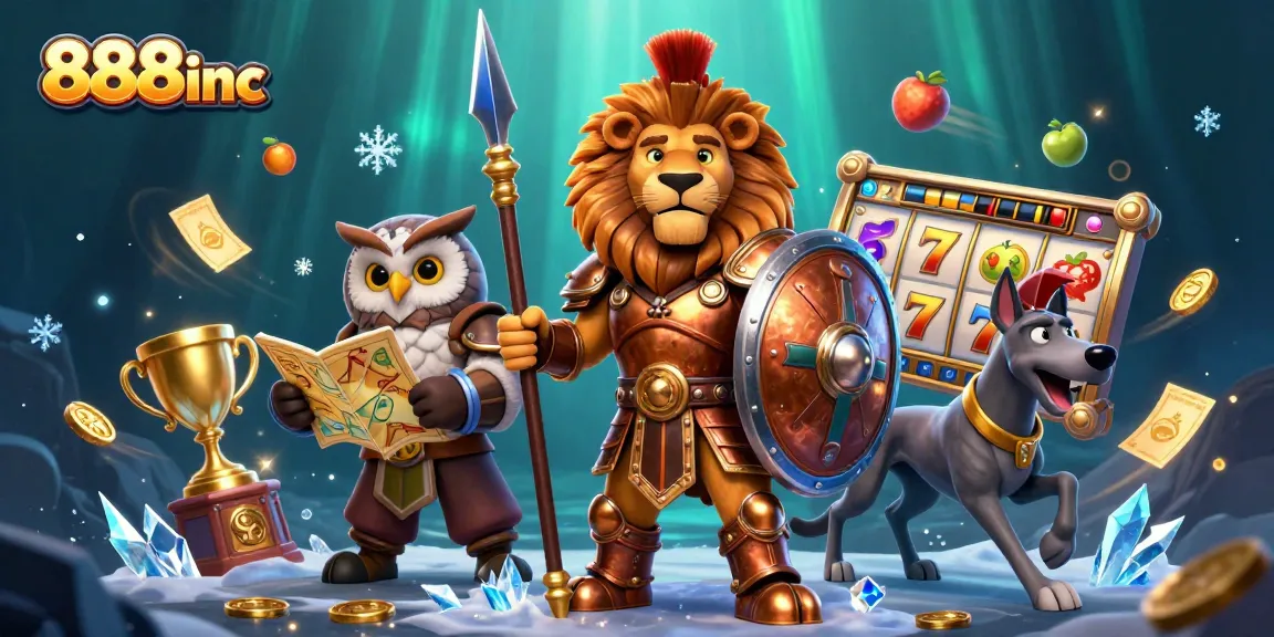 Spin and win at 888inc with a dynamic casino illustration featuring iconic game elements.