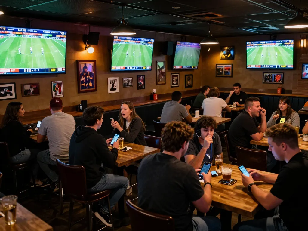 Xoilac users passionately placing bets during an exciting football match at a lively sports bar