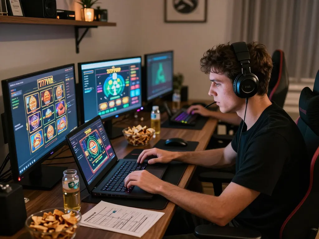 Engaged user playing online slots on 777VIP from home, capturing excitement in a cozy setup.