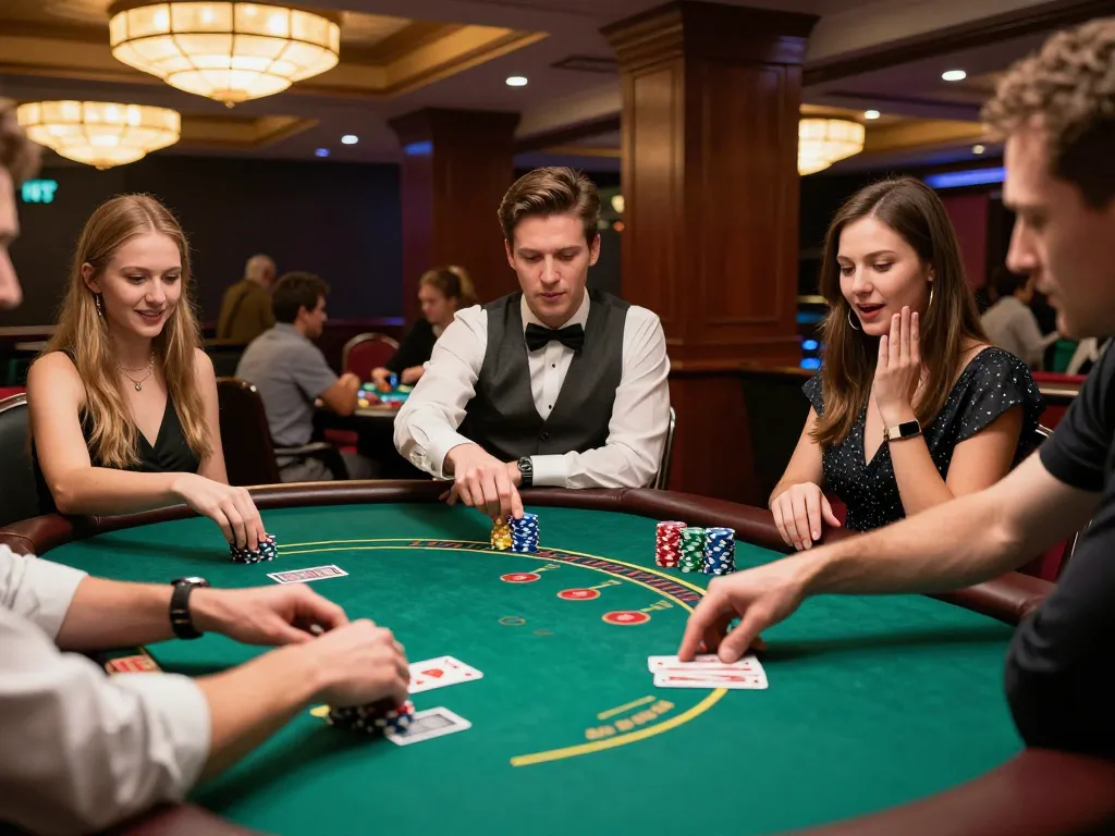 Pemain menikmati permainan blackjack yang mendebarkan di meja kasino, meningkatkan strategi dragon77 untuk menang