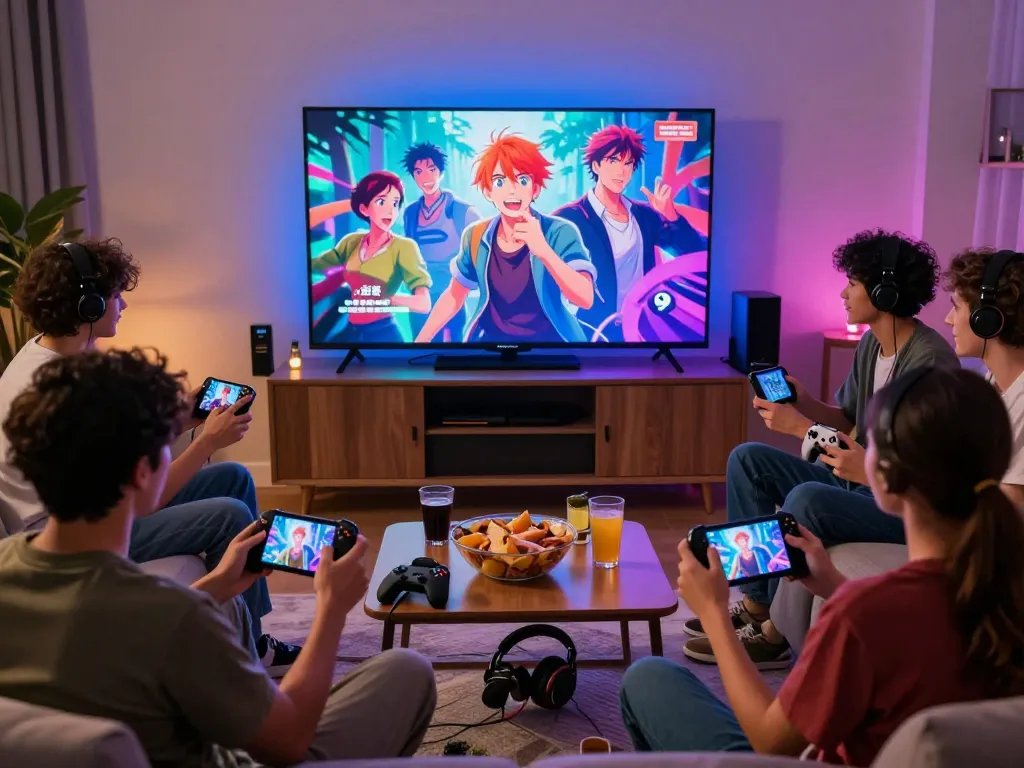 Group enjoying porngames together in a vibrant gaming room.