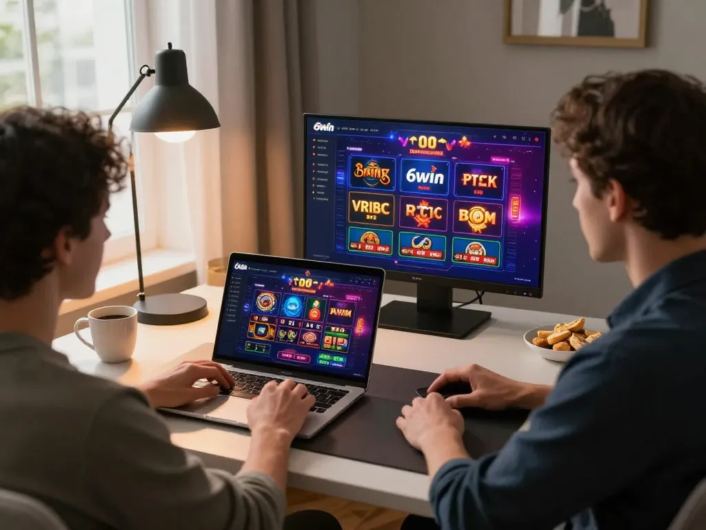 Engaged player using 68win online interface on laptop at home for exciting casino experience.