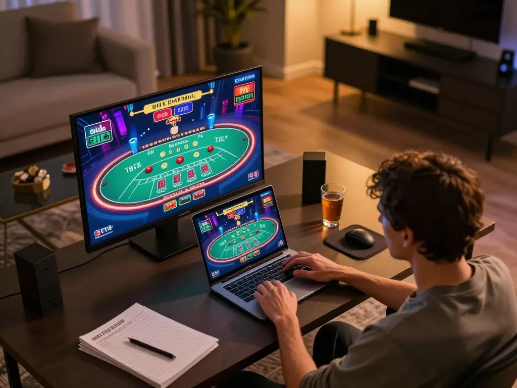 Experienced player enjoys god55 online blackjack on a sleek laptop, showcasing vibrant gaming display.