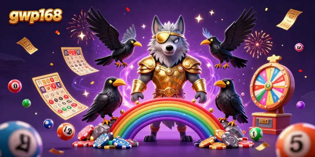 Menangkan permainan terbaik di gwp168 dengan simbol kasino dan bola lotere berwarna.