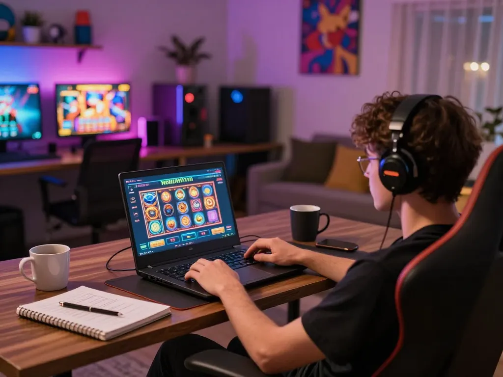 Player engaging with a link slot game on their laptop, immersed in online gaming experience.