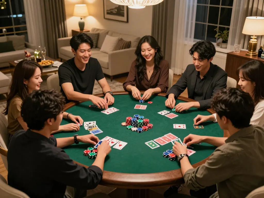 Panda menang di permainan poker rumahan bersama teman-teman, chip dan kartu berwarna-warni di meja bulat