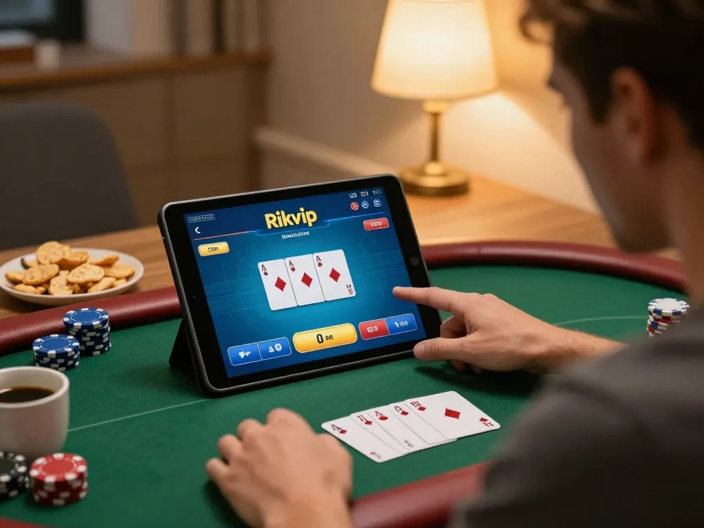 Player engaging in online poker gameplay on Rikvip platform from the comfort of home, focused on strategy.