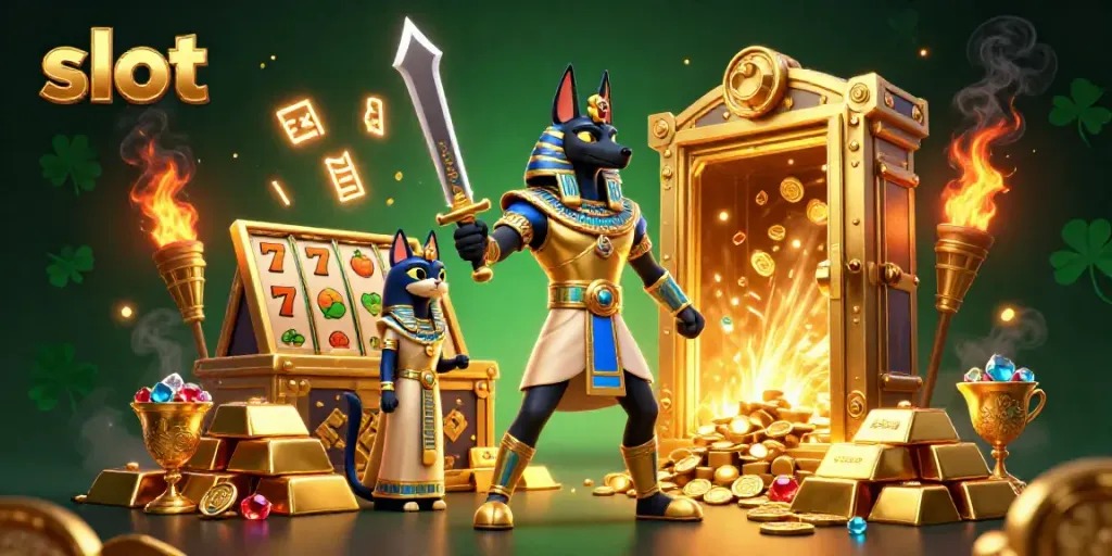 Engage in exciting slot gameplay with this vibrant 3D illustration featuring Anubis and Bastet.