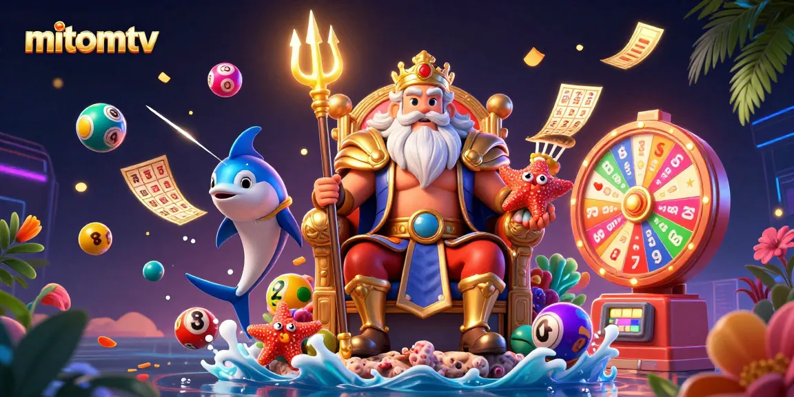 Experience mitomtv with vibrant lottery elements and a king of the sea in an action-packed 3D illustration.