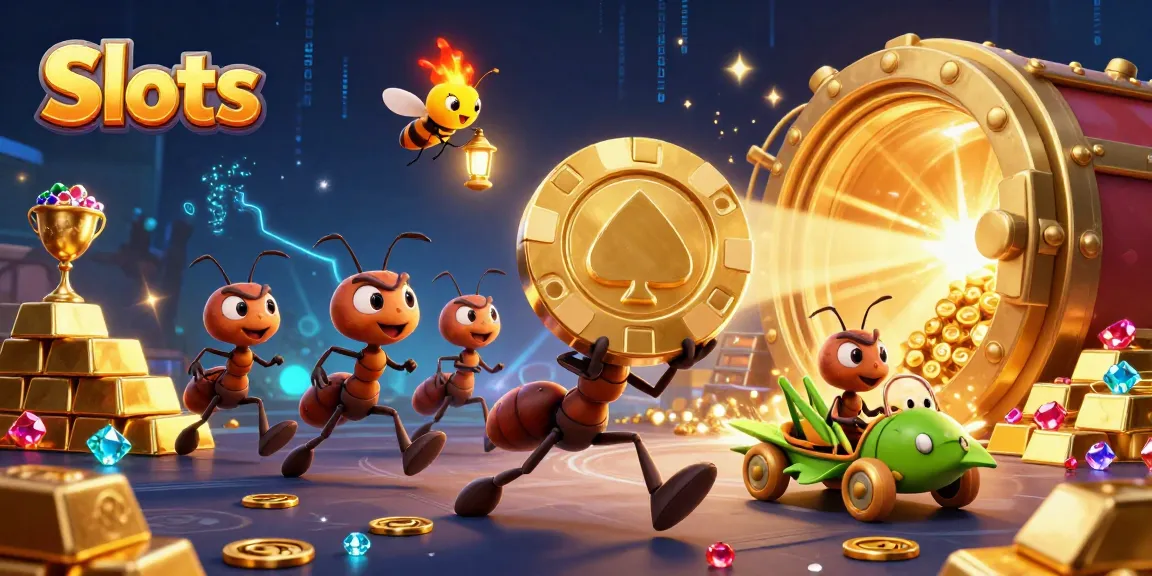Slots heist cartoon with ants and firefly in a vibrant casino scene.