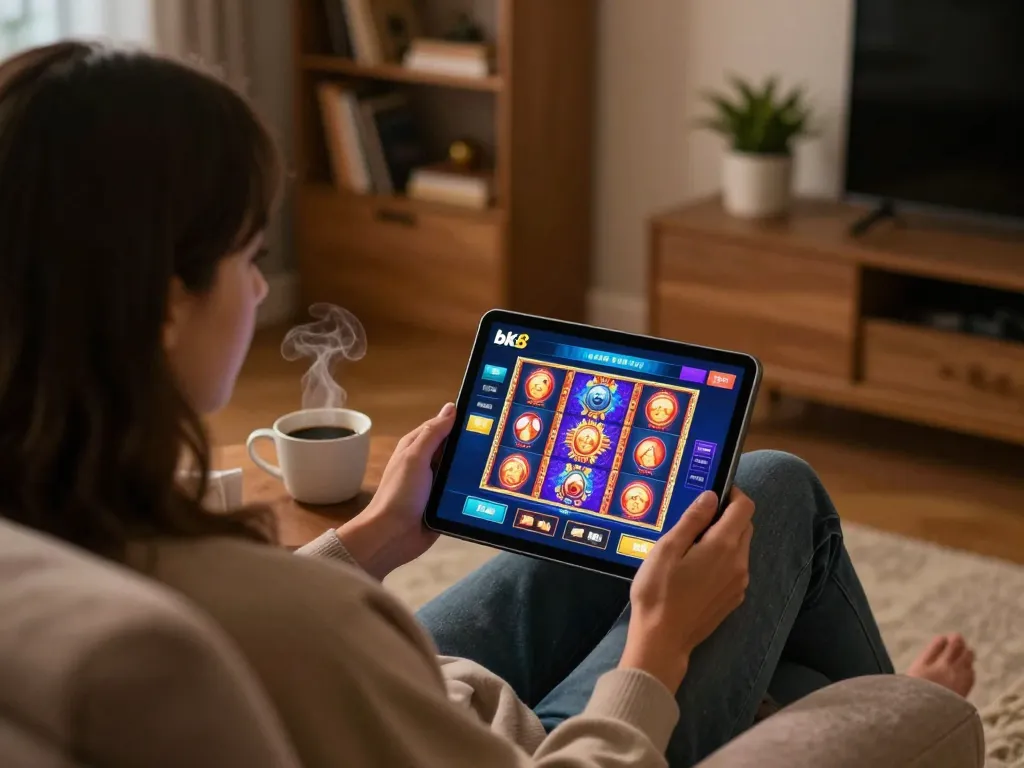 Engaging in strategic online gaming at home with bk8 casino app displayed on tablet