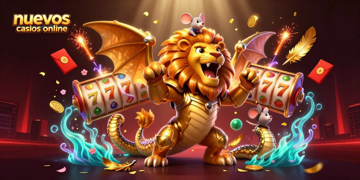 Nuevos casinos online showcase vibrant 3D illustration with chimera, slots, and golden decorations.