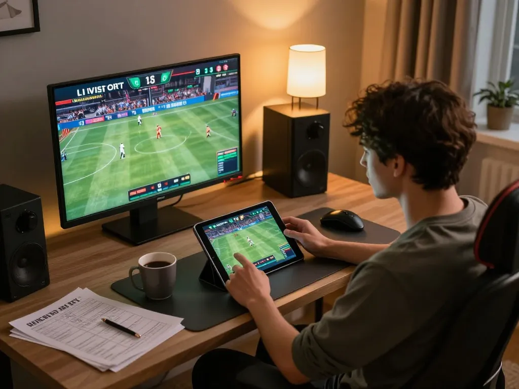 28bet user engaging in live sports betting on tablet in stylish home setup.