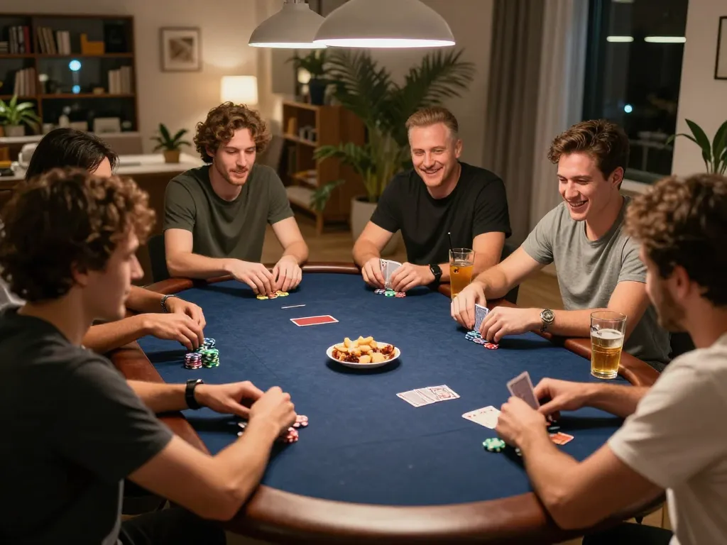 KONG88 players enjoying poker night with friends, showcasing competitive spirit and strategic gameplay.