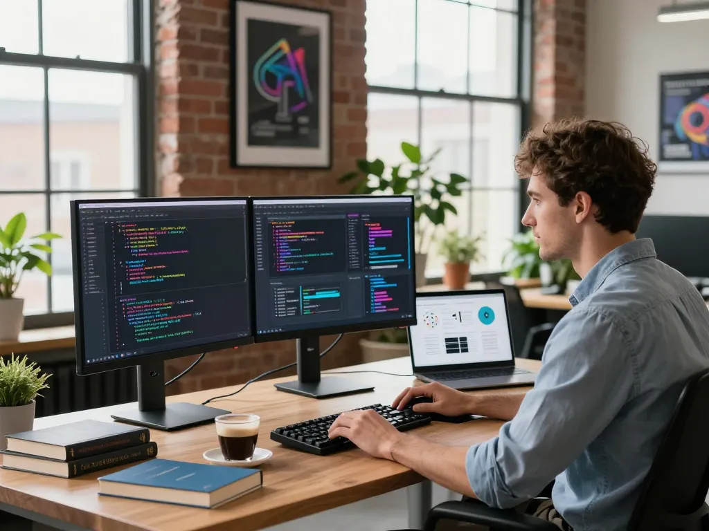 Developer using juicy AI in a modern workspace with dual monitors and technical setup.