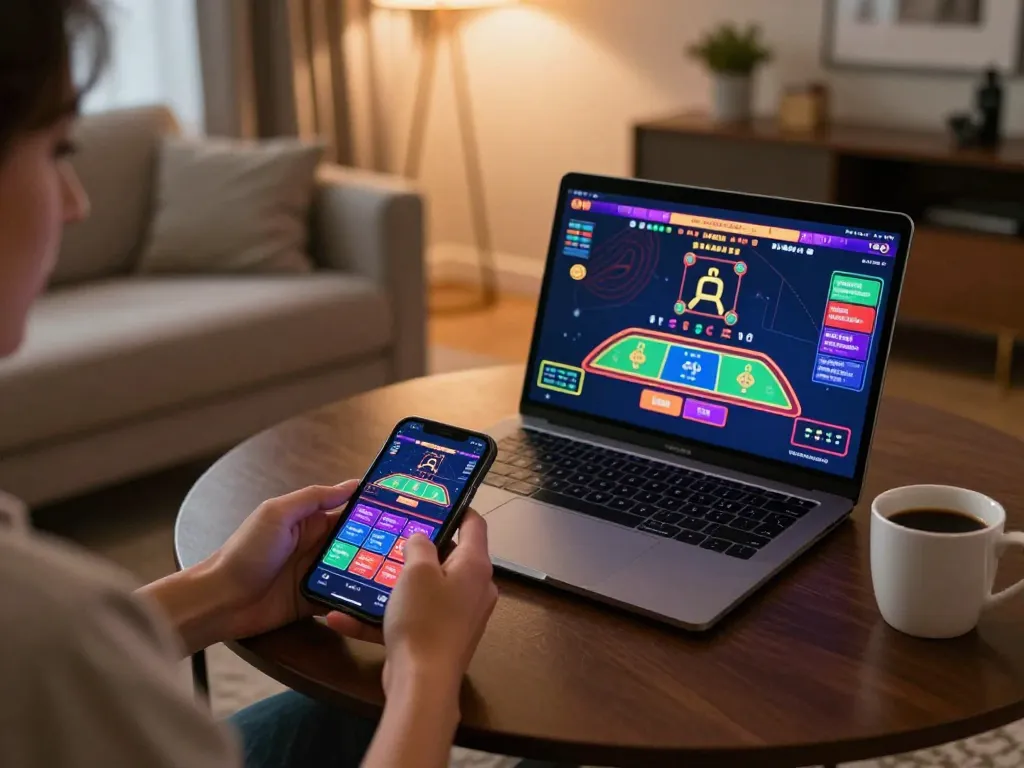 Orang yang bermain bayitoto di smartphone sambil menikmati permainan santai di rumah