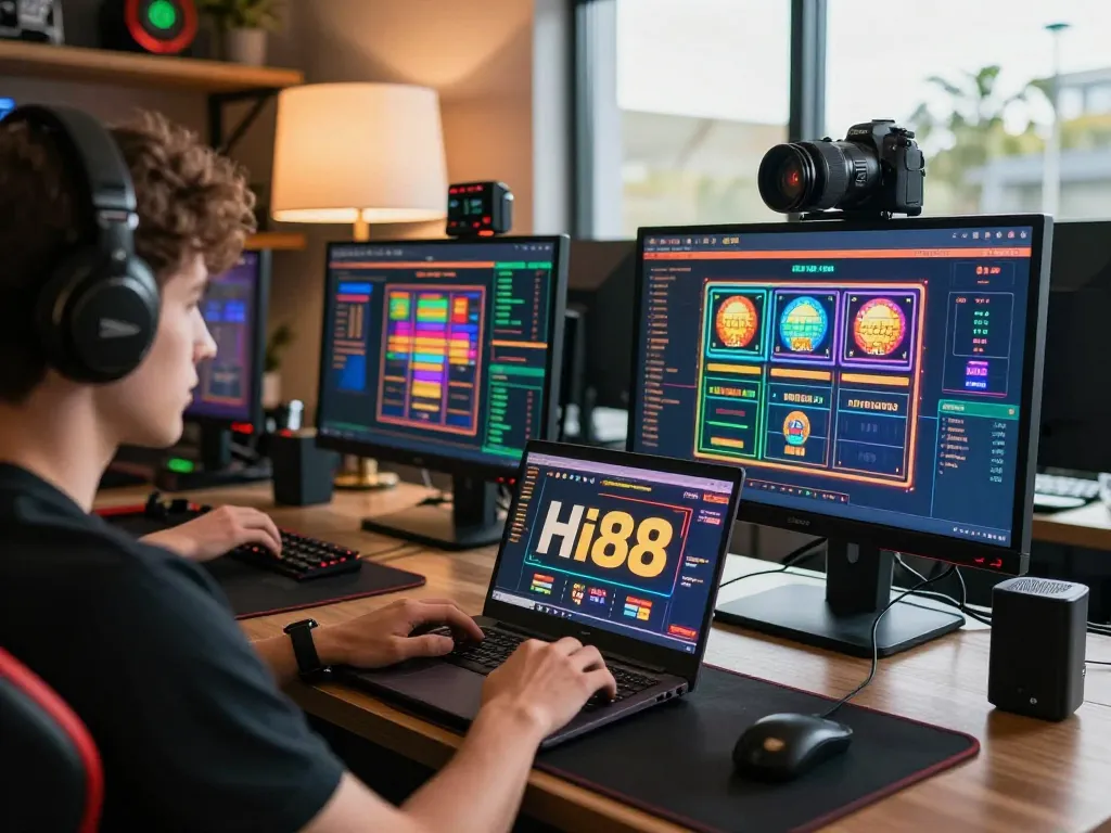 Engaging online betting moment on Hi88 with a laptop setup showcasing colorful slot machines