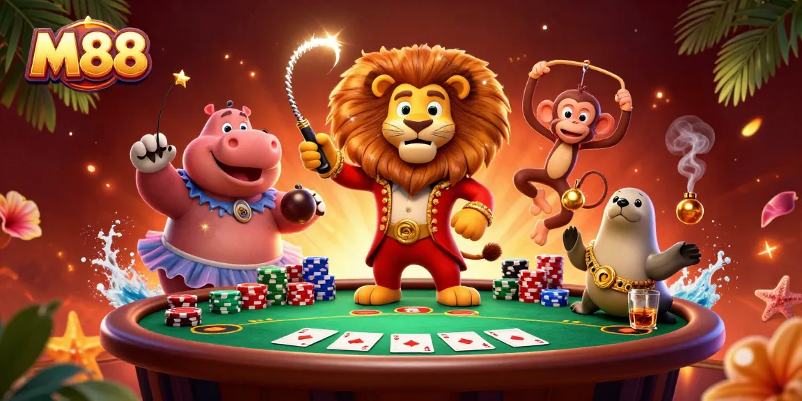 M88 engages players with a vibrant 3D cartoon circus scene featuring classic casino elements and characters.