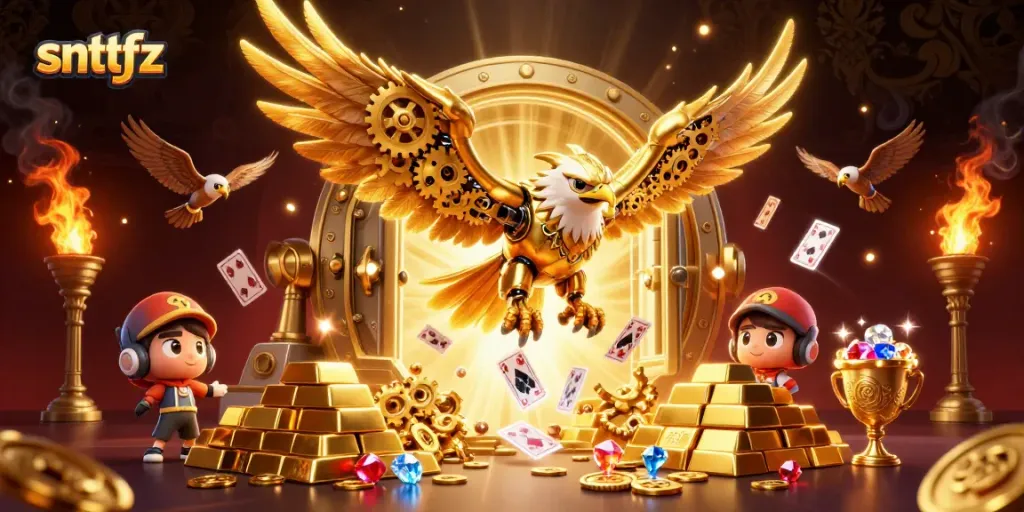 Witness thrilling casino action with snttfz, featuring a golden eagle among sparkles and treasures.