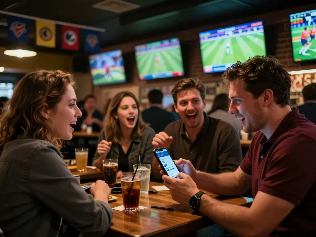 Engaged sports bettors analyzing odds and making decisions on Kèo nhà cái 88 at a dynamic sports bar.