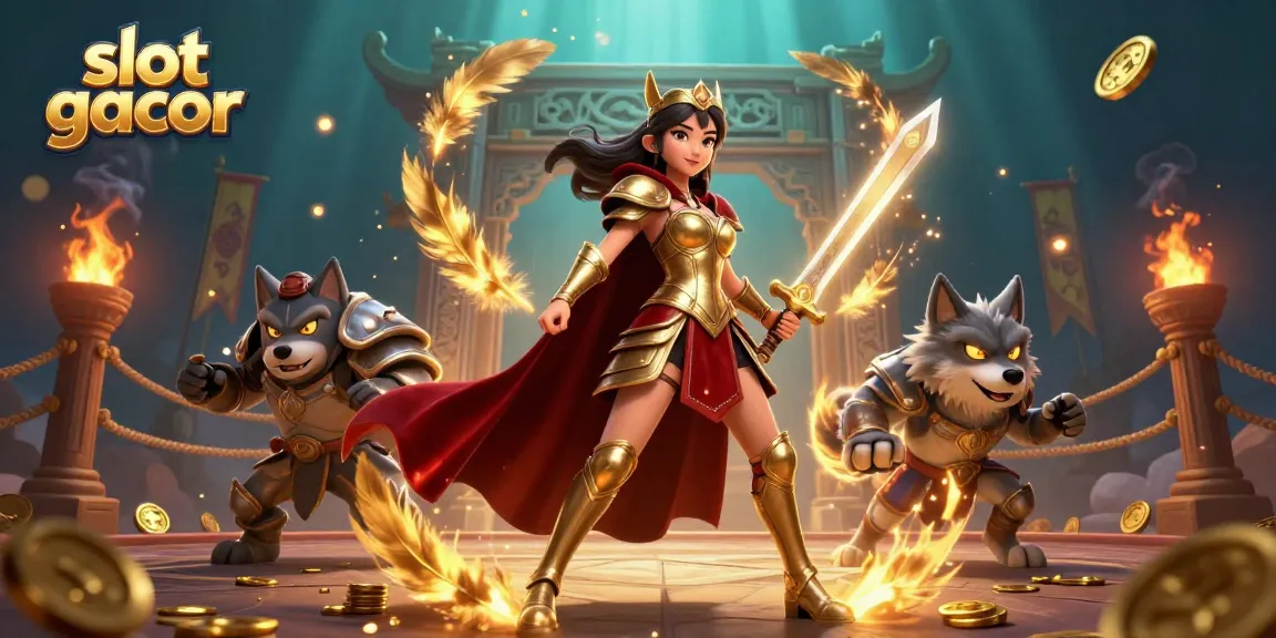 Engage in thrilling slot gacor games with this vibrant fantasy scene featuring warriors and dynamic casino elements.