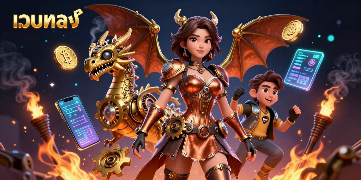 Engage with เว็บตรง gaming, featuring a beautiful steampunk-themed scene, rich in crypto-themed elements.