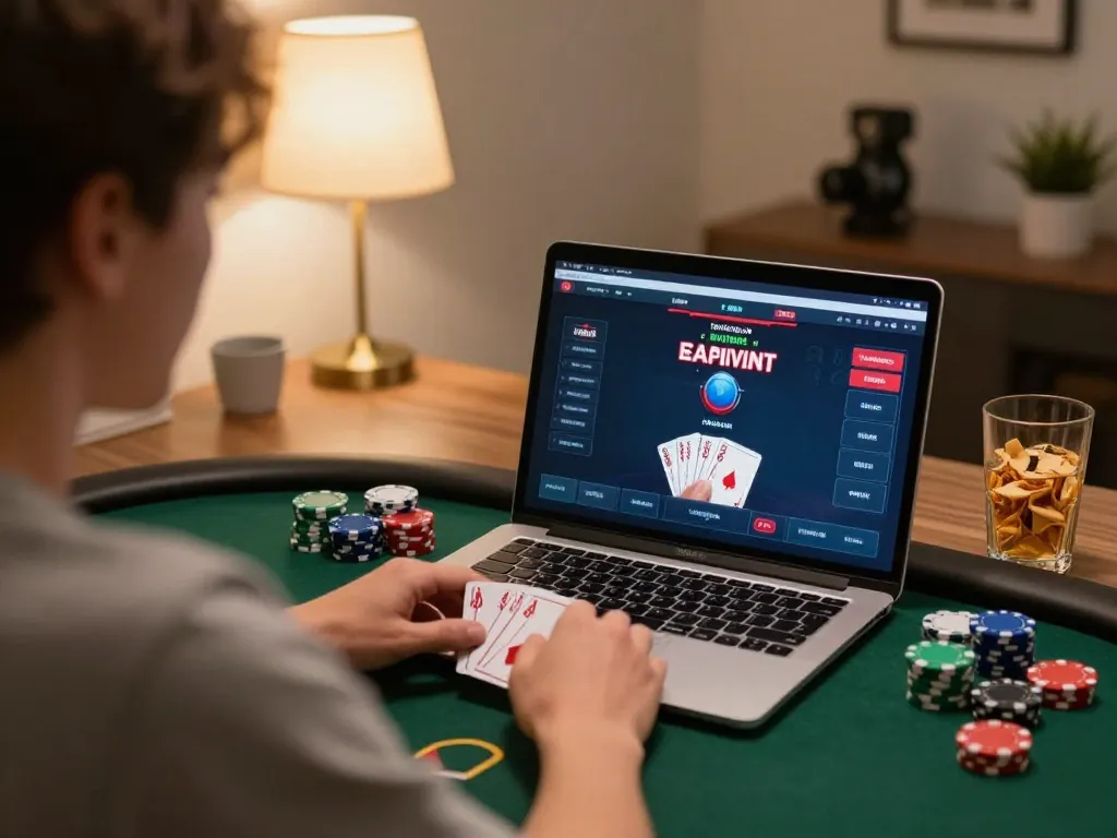 Player engaging in an online poker game on laptop, demonstrating strategies with uu88's interface.