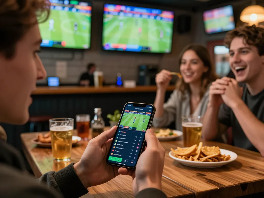 Engaged bettor placing a wager on the sports betting app at https://goal123.ac/, enjoying an energetic home sports bar atmosphere.