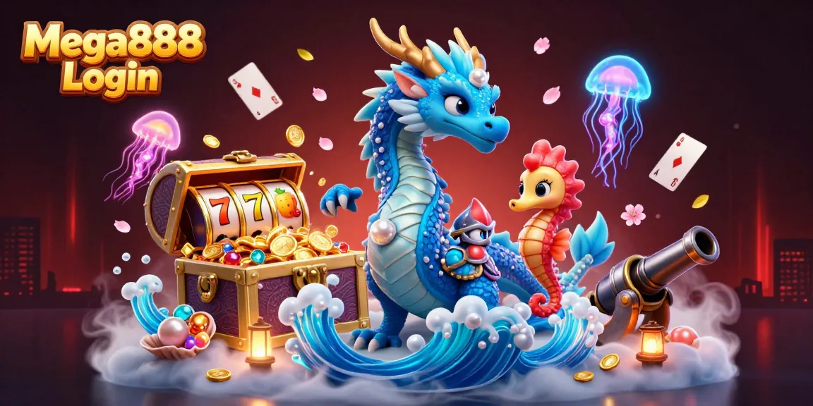 Engage in thrilling gameplay with the Mega888 Login, featuring a vibrant dragon and seahorse knight.