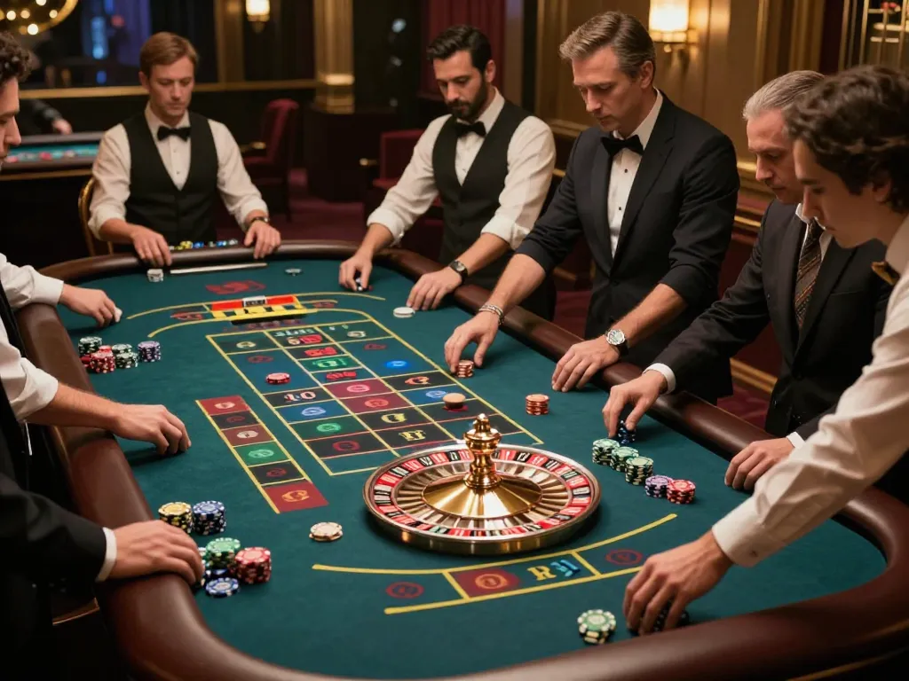 kuwin1 players engaging in a strategic roulette game with vibrant chips and elegant decor