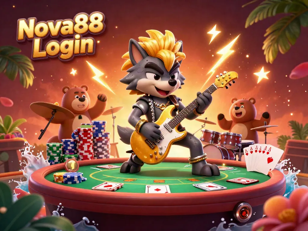 Engage with Nova88 Login featuring a cartoon rock star wolf and drummer bear in a vibrant casino atmosphere.