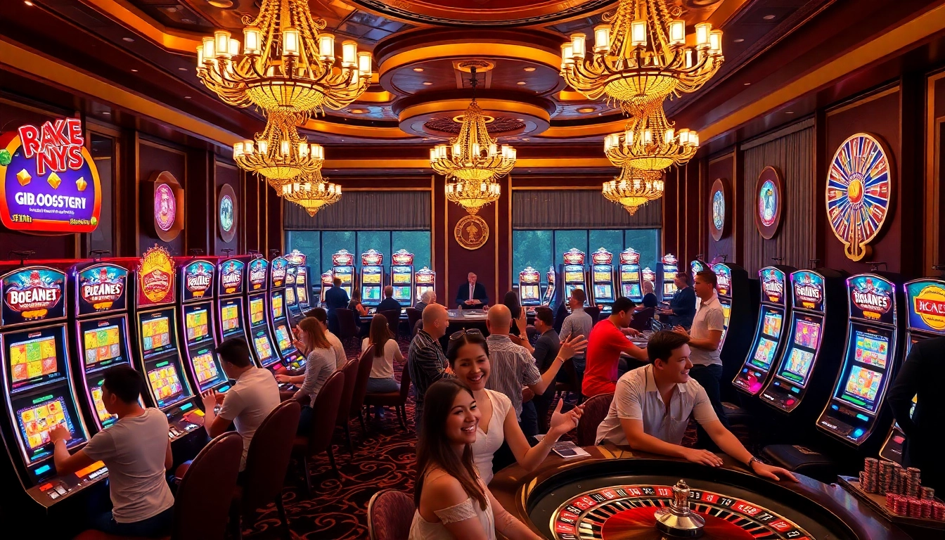 Bro138 slot machine area bustling with players celebrating wins and placing bets.