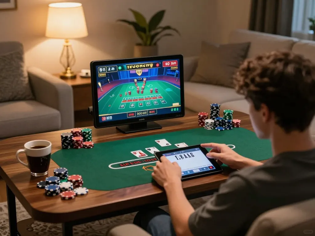hi 88 player enjoying live dealer blackjack on tablet in cozy home setting