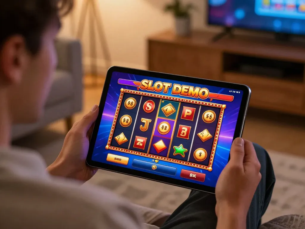 Permainan Slot Demo yang menarik di tablet di setting rumah yang nyaman, menampilkan grafis yang cerah.