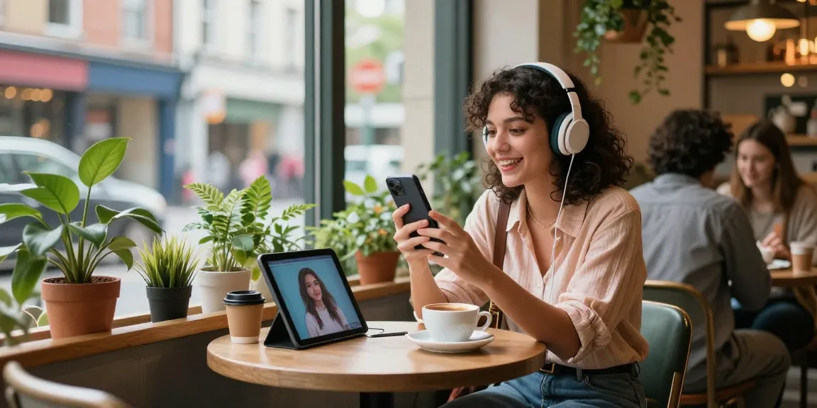 Woman enjoying a conversation with her AI girlfriend in a vibrant café, showcasing digital companionship.