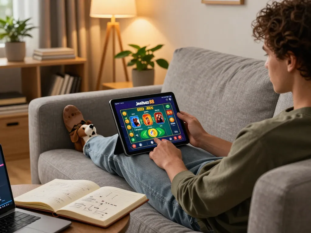Player using Jeetbuzz 88 app on tablet while analyzing gambling strategies at home.