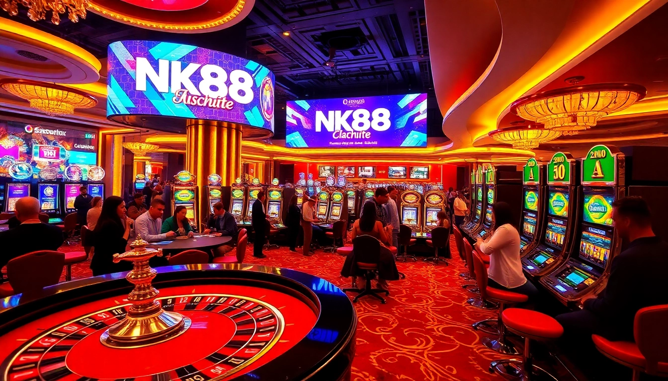 Experience the excitement of NK88 on a luxurious casino floor filled with poker chips and slot machines.