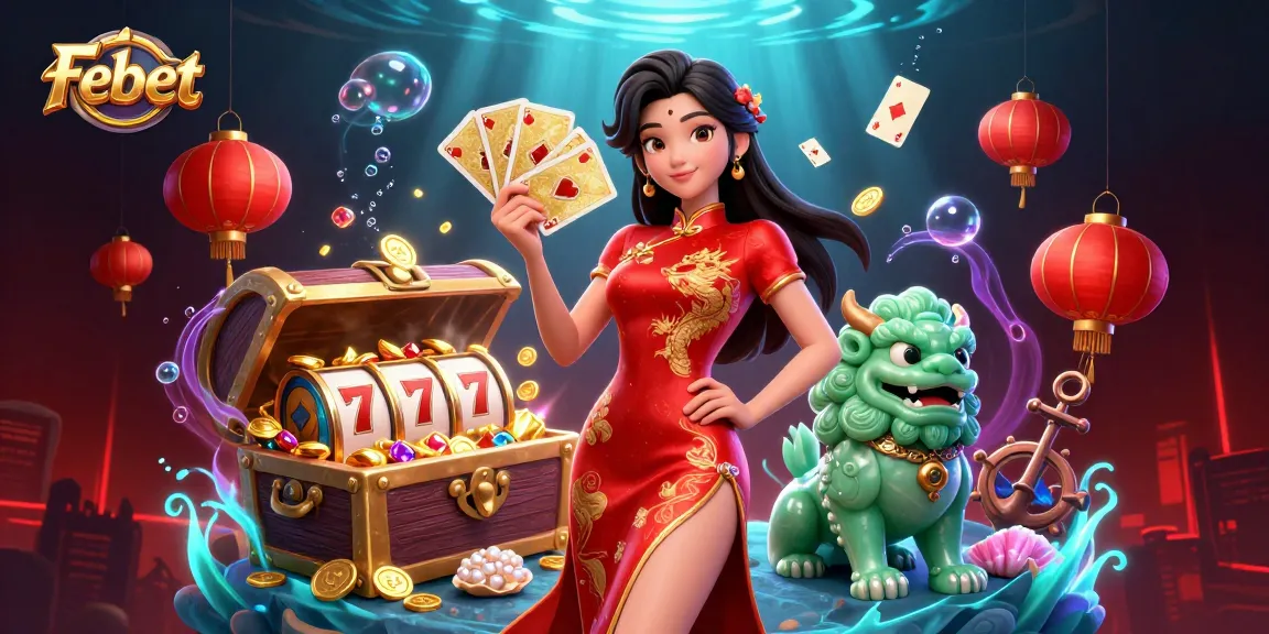 Febet's premium slots and casino experience illustrated with a dynamic 3D scene.