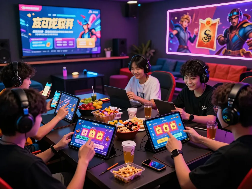 Engaged gamers exploring rewards on https://w4u.life/ in a vibrant digital lounge.