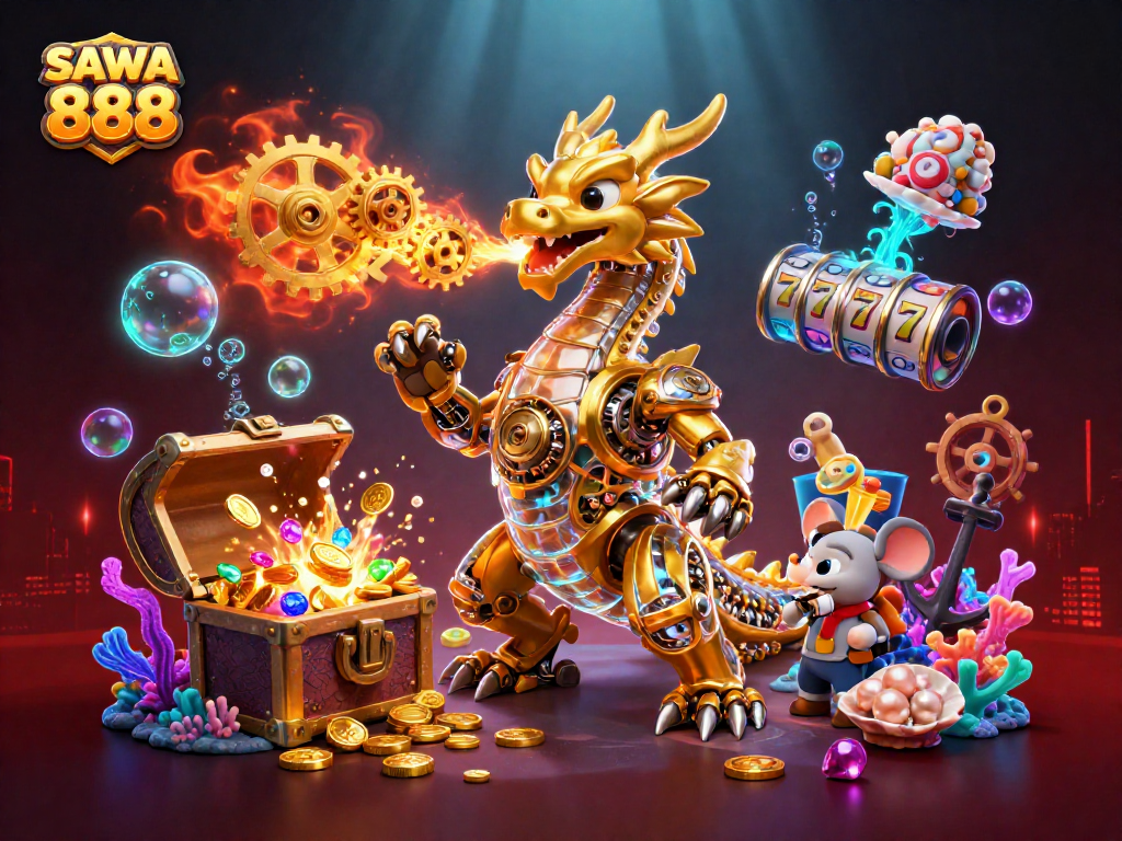 Engage in exciting gameplay at SAWA 888, featuring a golden dragon and dynamic slot elements.