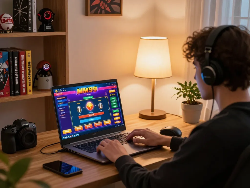 Engaging gaming experience at home featuring MM99 Đăng Nhập on a laptop screen, highlighting strategic online gambling.