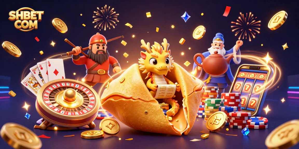 Engage with the vibrant SHBET COM scene of luck, featuring ornate fortune cookie, wise dragon, and golden treasures.